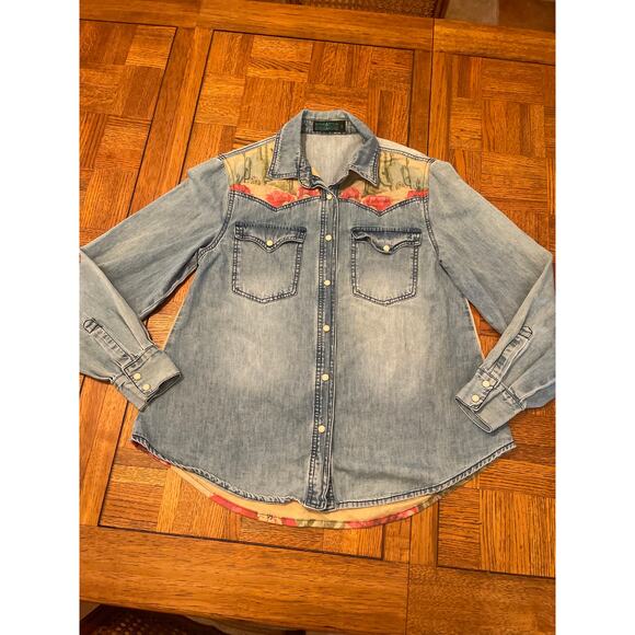 SEDONA SUNSET CACTUS SCENE WESTERN YOKE DENIM BUTTON DOWN SMALL - Picture 2 of 7